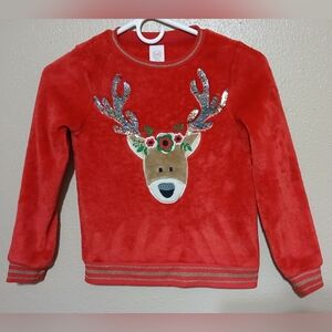 Girl's Red Reindeer Sweater with Sequin Antlers